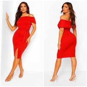 Boohoo NWT Off The Shoulder Fold Over Split Midi Bodycon Dress